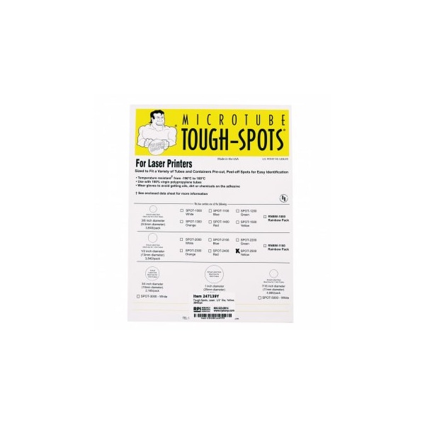 Tough-Spots, Laser, 1/2" Dia, Yellow, 3840/pk, 3840PK